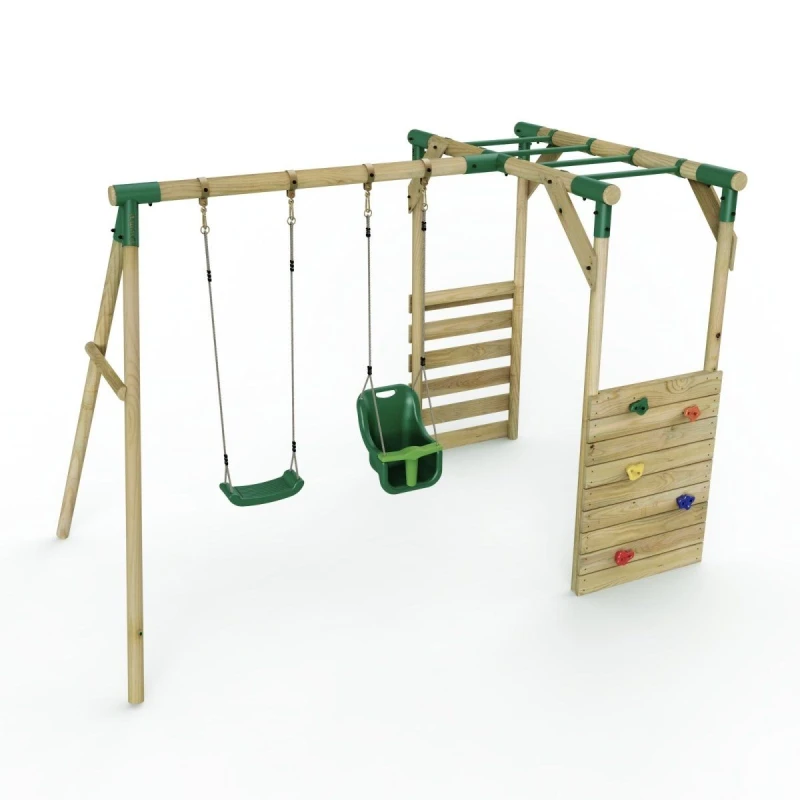 Image of Rebo Wooden Double Swing Set with Climbing Wall and Monkey Bars - Luna Green Green