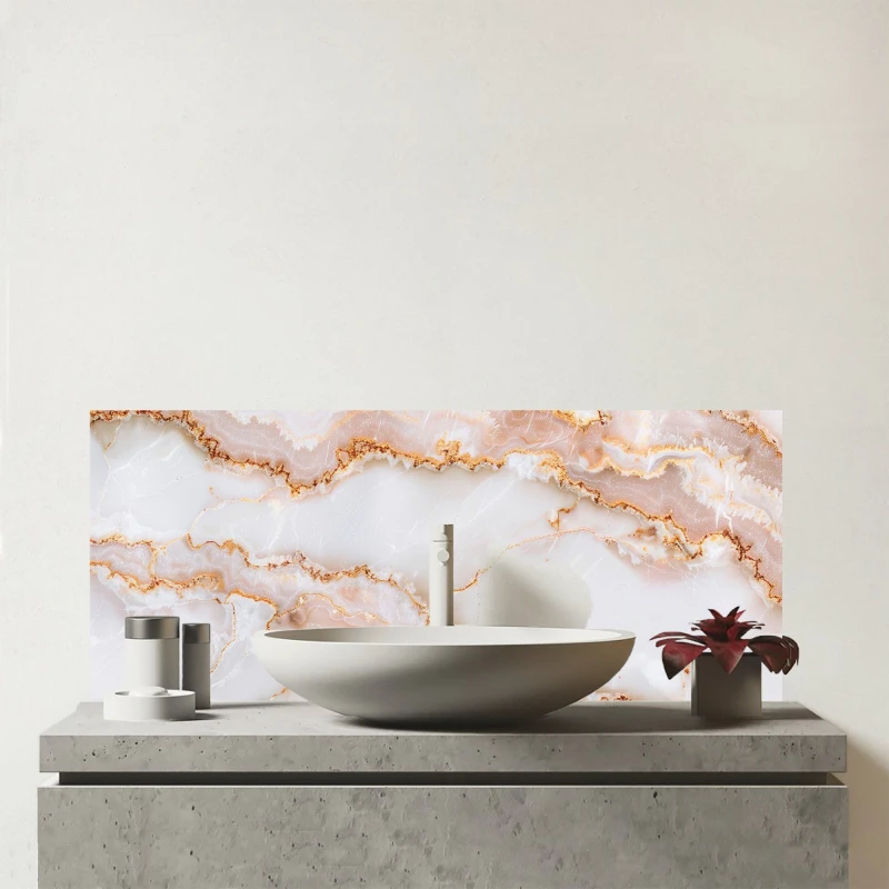 Image of Warren Reed - Designer Peach Quartz Effect Glass Bathroom Splashback Peach Unisex