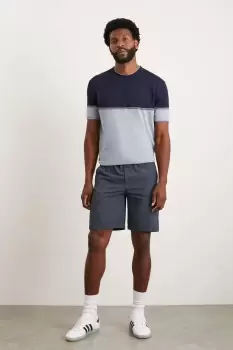 Image of Slim Fit Navy Textured Linen Blend Shorts