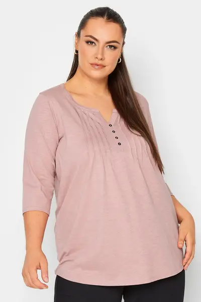Image of Yours Pintuck Henley Cotton Top Pink