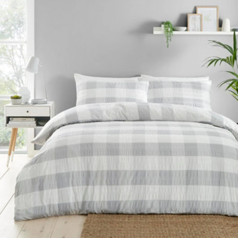 Image of Fusion Seersucker Gingham Textured Silver Duvet Cover Set