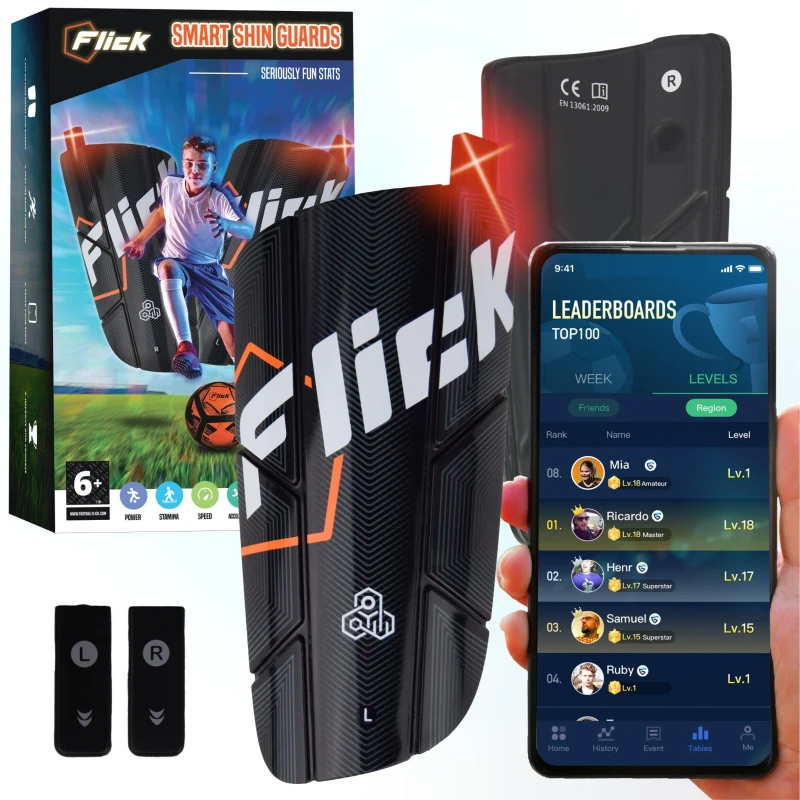 Image of Football Flick Flick Smart Football Tracker with Shin Guards Shin Guards Small Black 40696703350