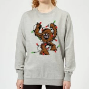 Image of Star Wars Tangled Fairy Lights Chewbacca Womens Christmas Sweatshirt - Grey - S