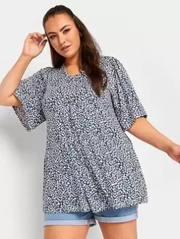 Image of Yours Ditsy Flower Print Pleat Angel Sleeve Swing T-Shirt, Blue, Size 22-24, Women