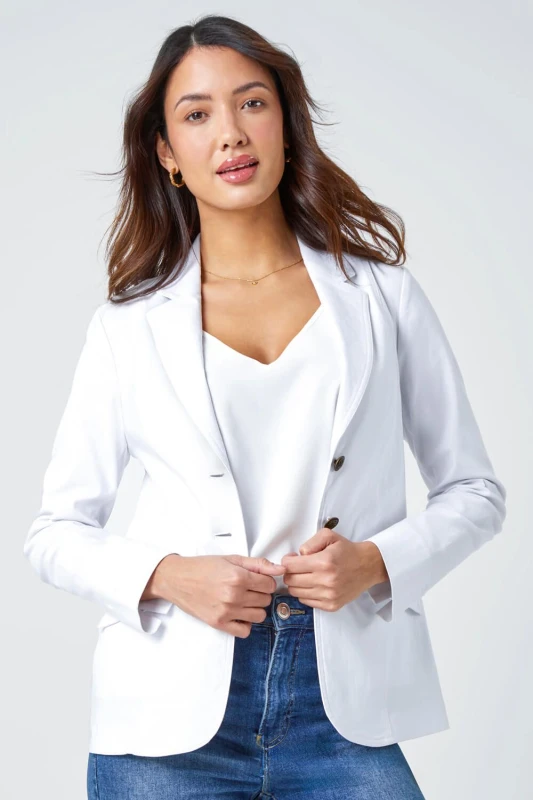 Image of Roman Womens Button Detail Stretch Blazer in White Size: 18 White Female 18