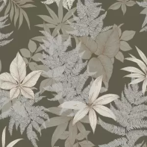 Image of Grandeco Floral Field Fern Textured Khaki Green Wallpaper