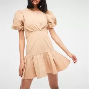 Image of Missguided Wrap Puff Sleeve Poplin Mini Dress - Nude