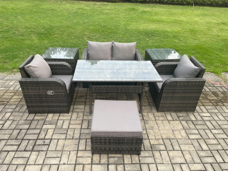 Image of Fimous Outdoor Rattan Garden Furniture Lounge Sofa Set With Oblong Rectangular Dining Table 2 Reclining Chair in Dark Grey Dark Grey Unisex