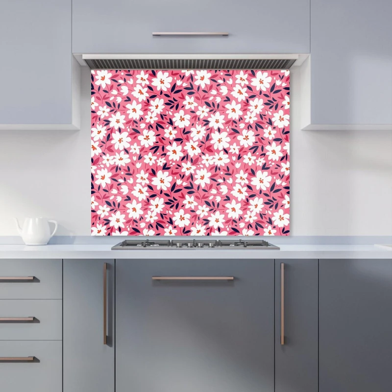Image of Warren Reed - Designer Small Cute White Flower Pattern Kitchen Splashback in Pink Size: 700mm x 650mm Pink Unisex 700mm x 650mm