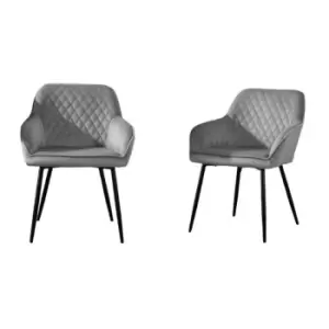 Image of Roomee - Set of 2 Light Grey Velvet Dining Chairs Upholstered Seat Armrest with Metal Legs - Light Grey