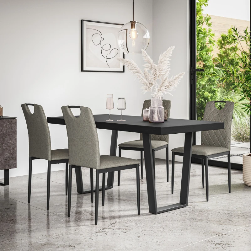Image of More4Homes Aria Dining Table And Chairs - Black Table Top W Black Legs + Monza Linen Dining Chair Set Of 6 (Grey)