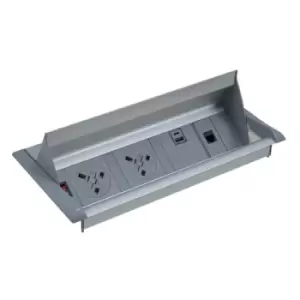 Image of Aero fliptop in-table power module x UK sockets and 1 x RJ45 socket and 1 x twin USB fast charge - grey/silver