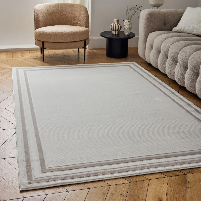 Image of THE RUGS Carmel Modern Area Rugs & Runners Bordered Design Soft Pile in Beige Size: 80cm x 150cm Beige Unisex 80cm x 150 cm