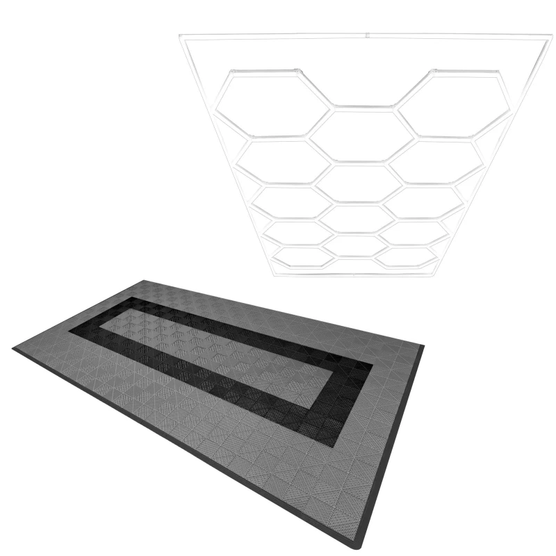 Image of Monstershop Hexagon LED Light & Vented Garage Floor Tiles With Edges - 90 Grey & 30 Black Grey