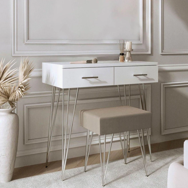 Image of CARME Home Olivia Dressing Table And Stool Set - 2 Large Drawers Padded Stool Metal Legs White DT050-SET 2 WH