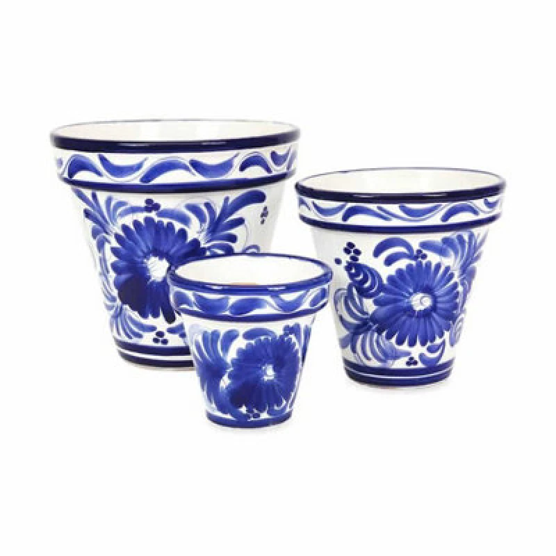 Image of Verano Spanish Ceramics Blue Floral Hand Painted Set of 3 Outdoor Garden Classic Plant Pots (D) 16-29cm Blue