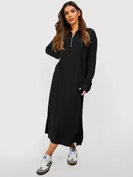 Image of Boohoo Half Zip Midaxi Split Jumper Dress - Black, Size 16, Women