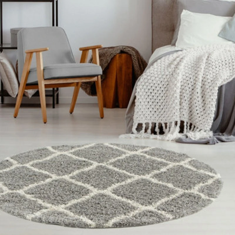Image of THE RUGS Soft Moroccan Shaggy Rugs & Runners Grey & Ivory Living Room Size: 120cm diameter Grey Unisex 120cm diameter