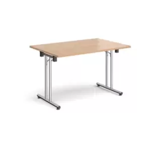 Image of Rectangular folding leg table with chrome legs and straight foot rails 1200mm x 800mm - beech