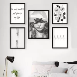 Image of SET_047 White Black Decorative Framed Painting (5 Pieces)