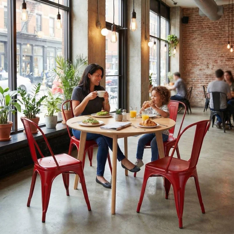 Image of FWStyle Bistro Set Of 4 Red Gloss Metal Chairs (H) 84 (W) 45.5 (D) 51cm Red Unisex