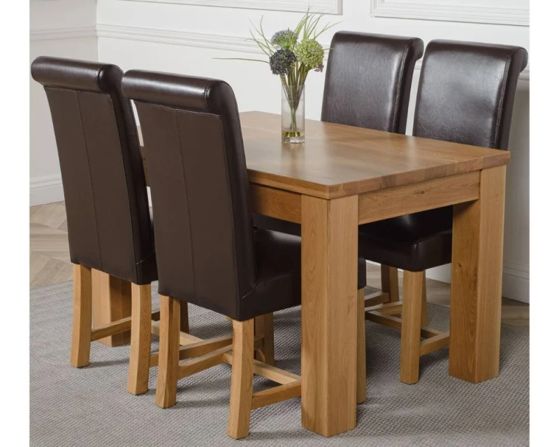 Image of Thats Furniture Dakot 127 x 82cm Oak Small Dining Table & 4 Washington Leather Chairs in Brown Size: 127 x 82cm Brown Unisex 127 x 82 cm