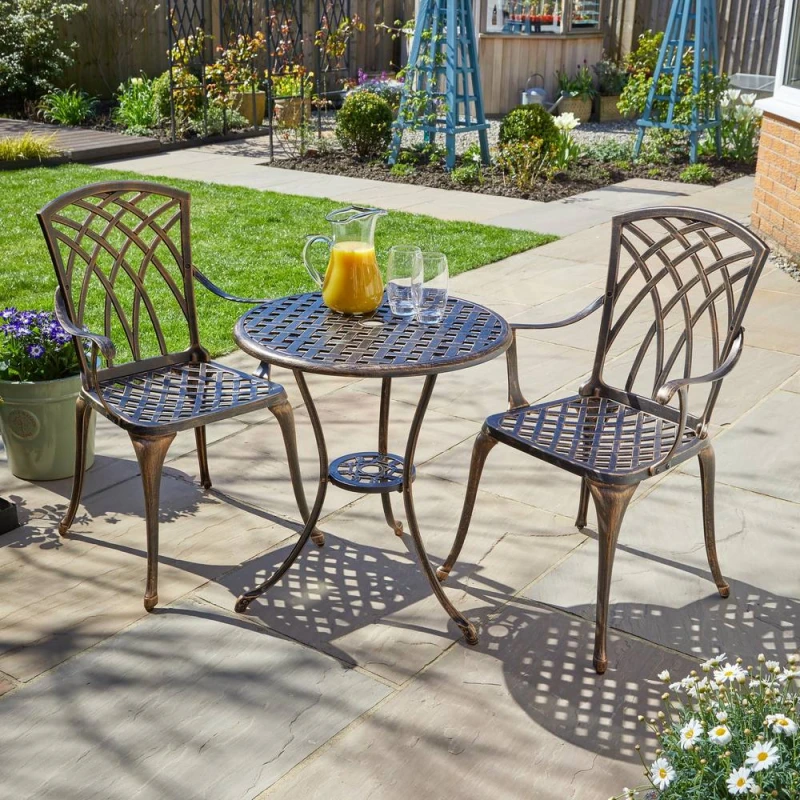 Image of Home Source Brown Bistro Set Outdoor Garden Patio Lattice Table 2 Chairs Aluminium Brown Unisex