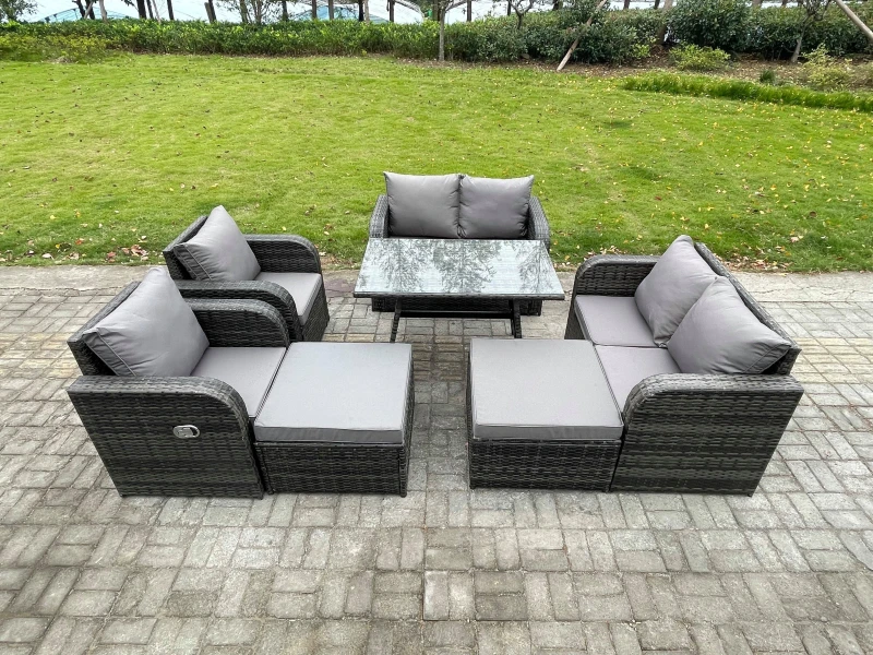 Image of Fimous Outdoor Garden Furniture Sets 8 Seater Rattan Furniture Manual Wicker Patio Sofa Patio Conversation Set with 2 Big Footstool Dark Grey
