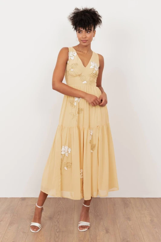 Image of Maya Deluxe Womens Floral Embellished V Neck Midaxi Dress in Yellow Size: 14 Yellow Female 14