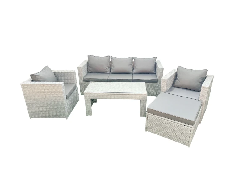 Image of Fimous Rattan Garden Furniture Set 5 Pieces Outdoor Garden Sofa Oblong Coffee Table Set with 2 Chairs Stool Light Grey Mixed Light Grey