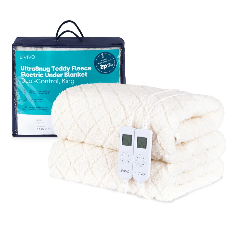 Image of LIVIVO UltraSnug Teddy Fleece Electric Heated Underblanket - King with Dual Controls Off White