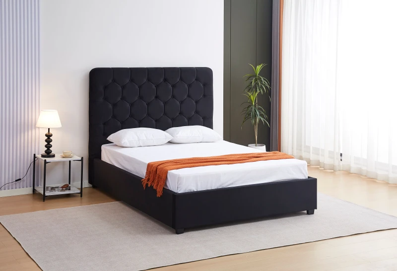 Image of Seconique Madison 5' Ottoman Bed - Black Velvet Fabric, Black 200-204-058