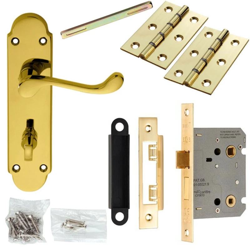 Image of Loops Door Handle & Bathroom Lock Pack Brass Victorian Lever Thumbturn Backplate Metallics