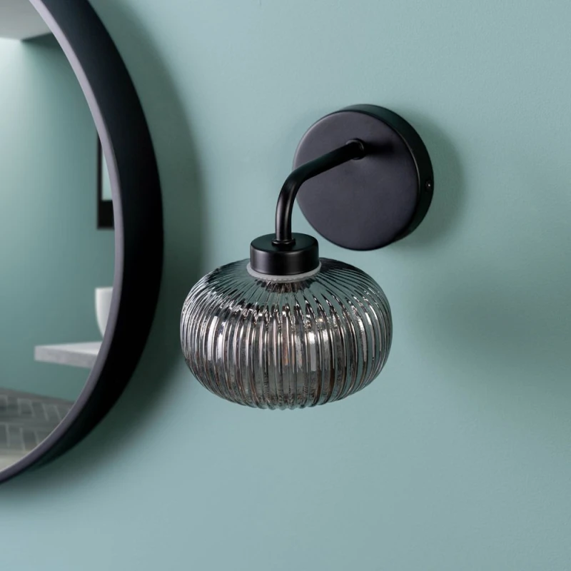 Image of ValueLights Amaia Pair of Black IP44 Single Smoked Ribbed Glass Wall Lights with LED Bulbs Black