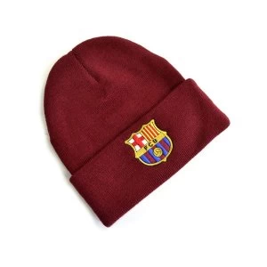 Image of FC Barcelona Crest Knitted Turn Up Hat Burgundy