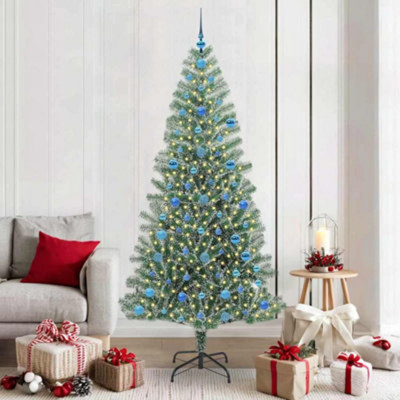 Image of vidaXL Artificial Christmas Tree with Blue Balls Snow Flocked with LED Light 210 cm, Green 3396831