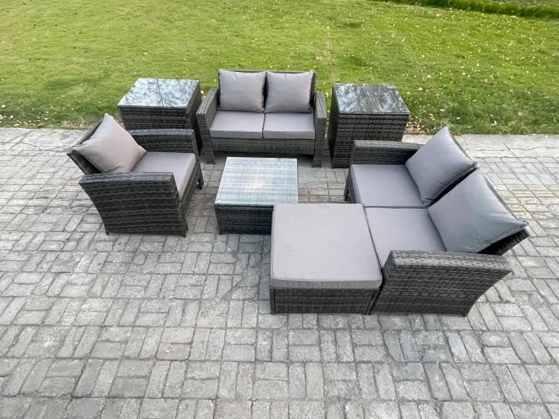 Image of Fimous Outdoor Rattan Garden Furniture Set Conservatory Patio Sofa Coffee Table Set with Chair 2 Side Tables Big Footstool Dark Grey Mixed Dark Grey U
