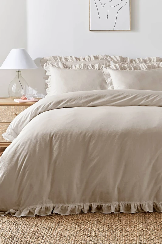 Image of Appletree 'Cassia Frill' 100% Cotton Relaxed Look Duvet Cover Set in Natural Size: Double Natural Unisex Double