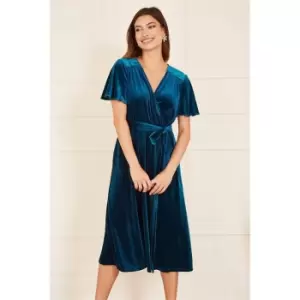 Image of Yumi Teal Wrap Over Midi Dress - Blue