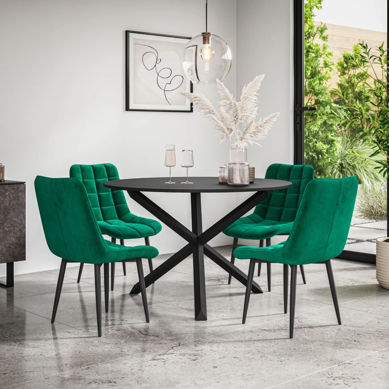 Image of More4Homes Malvern Round Dining Table And Chairs - Black Table Top W Solid Black Oak Legs + Nova Velvet Dining Chair Set Of 4 (Green)