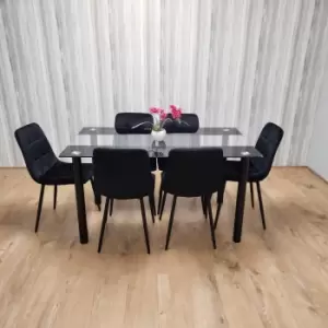 Image of Black Clear Glass Dining Table With 6 Black Tufted Velvet Chairs Kitchen Dining Set