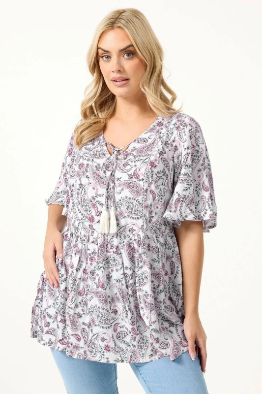 Image of Yours Womens Paisley Embellished Tie Neck Top in White Size: 34-36 White Female 34-36