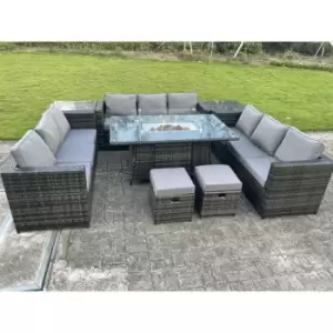 Image of Fimous 9 Seater Outdoor Dark Grey Rattan Lounge Complete Sofa Set with Gas Fire Pit Table, Gas Heater, Side Tables, and 2 Stools