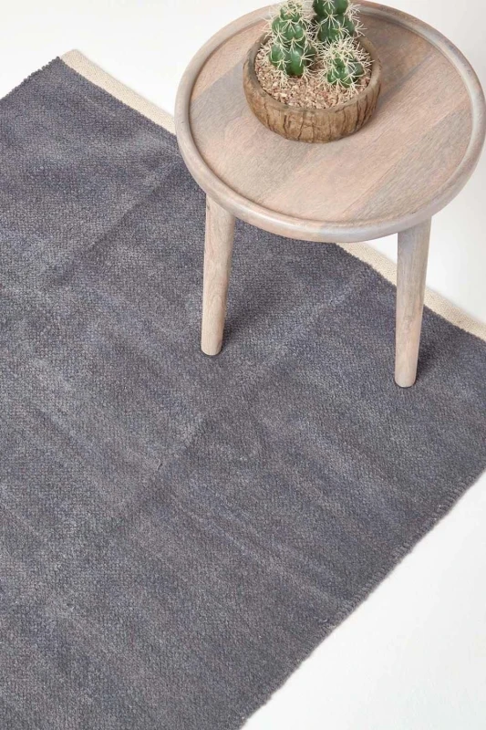 Image of Homescapes Dark Grey 100% Cotton Plain Chenille Rug With Natural Trim, 110 X 170 Cm