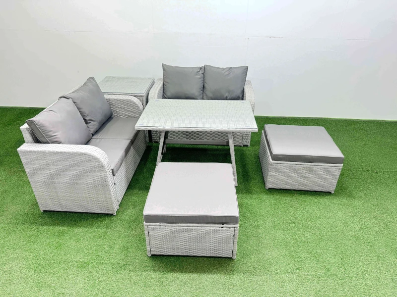Image of Fimous 6 Seater Outdoor Love Sofa Set Rattan Garden Furniture Set With Dining Table Side Table 2 Big Footstool Light Grey