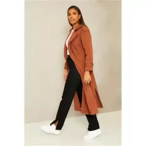 Image of I Saw It First Chocolate Oversized Maxi Length Trench Coat With Epeleets Self Tie Belt And Cuff Detail - Brown