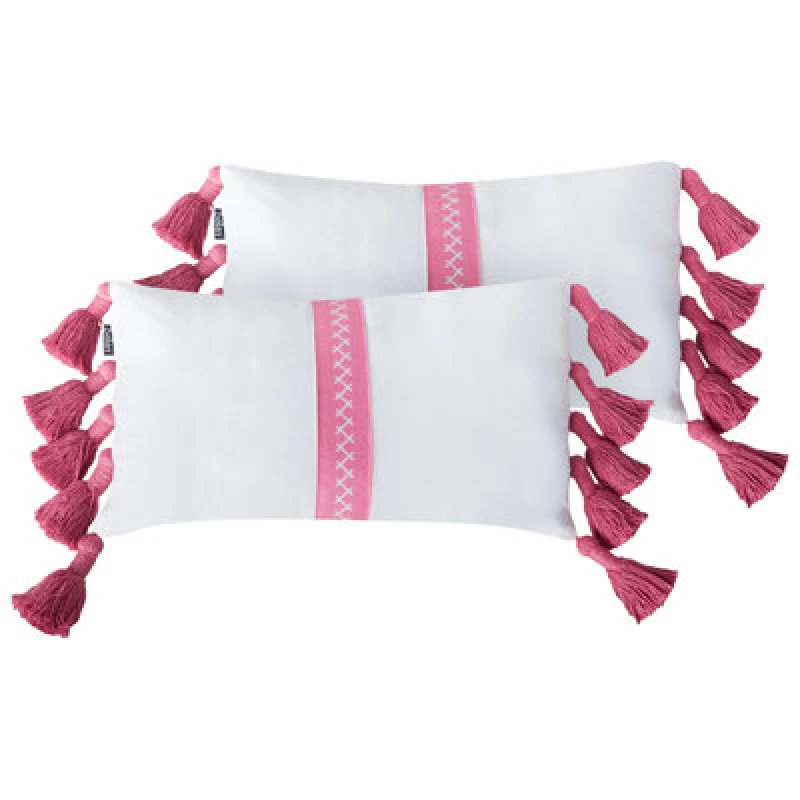 Image of Beliani Set Of 2 Decorative Cushions Lovely Cotton 30 X 50 Cm White Pink