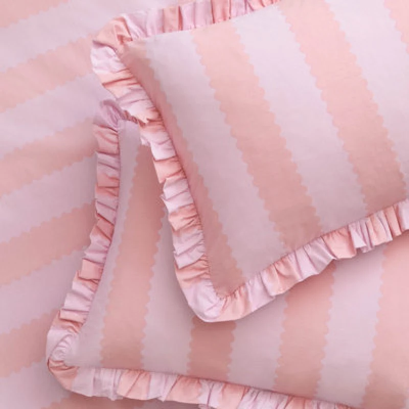 Image of Wylder Birdie Stripe Ruffle Pillowcase Pair in Raspberry Size: Standard Pillow Case Raspberry Unisex Standard Pillow Case