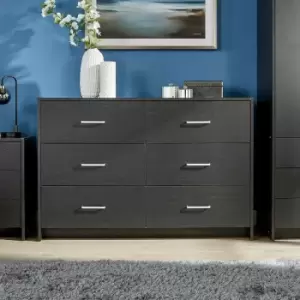 Image of Stratford - Wide Chest of 6 Drawers Black Bedroom Storage Drawers Metal Runners - Black