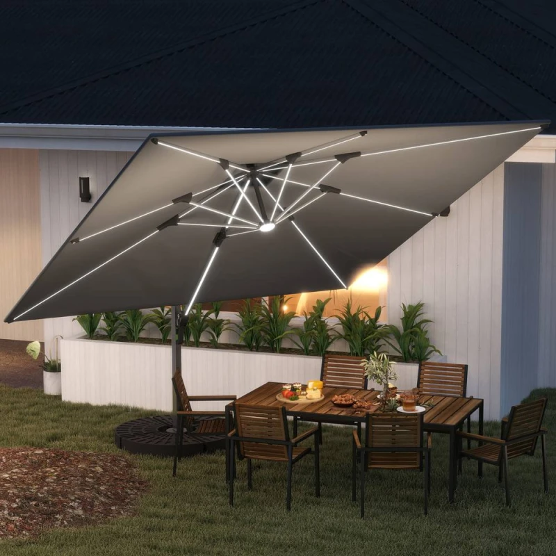 Image of Outsunny Garden Cantilever Parasol, Patio Umbrella w/ Solar LED Lights, Grey 84D-413V00GY